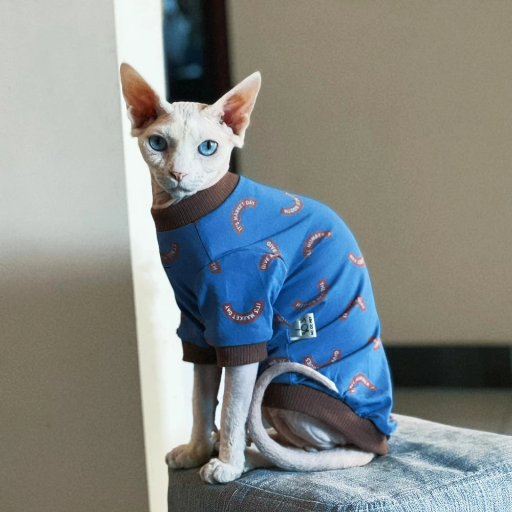 Sudadera de algodón de primavera de ropa de gato Abrigo de dibujos animados Elestic para Sphynx Camiseta de letras azules de moda de gato para gatitos en verano