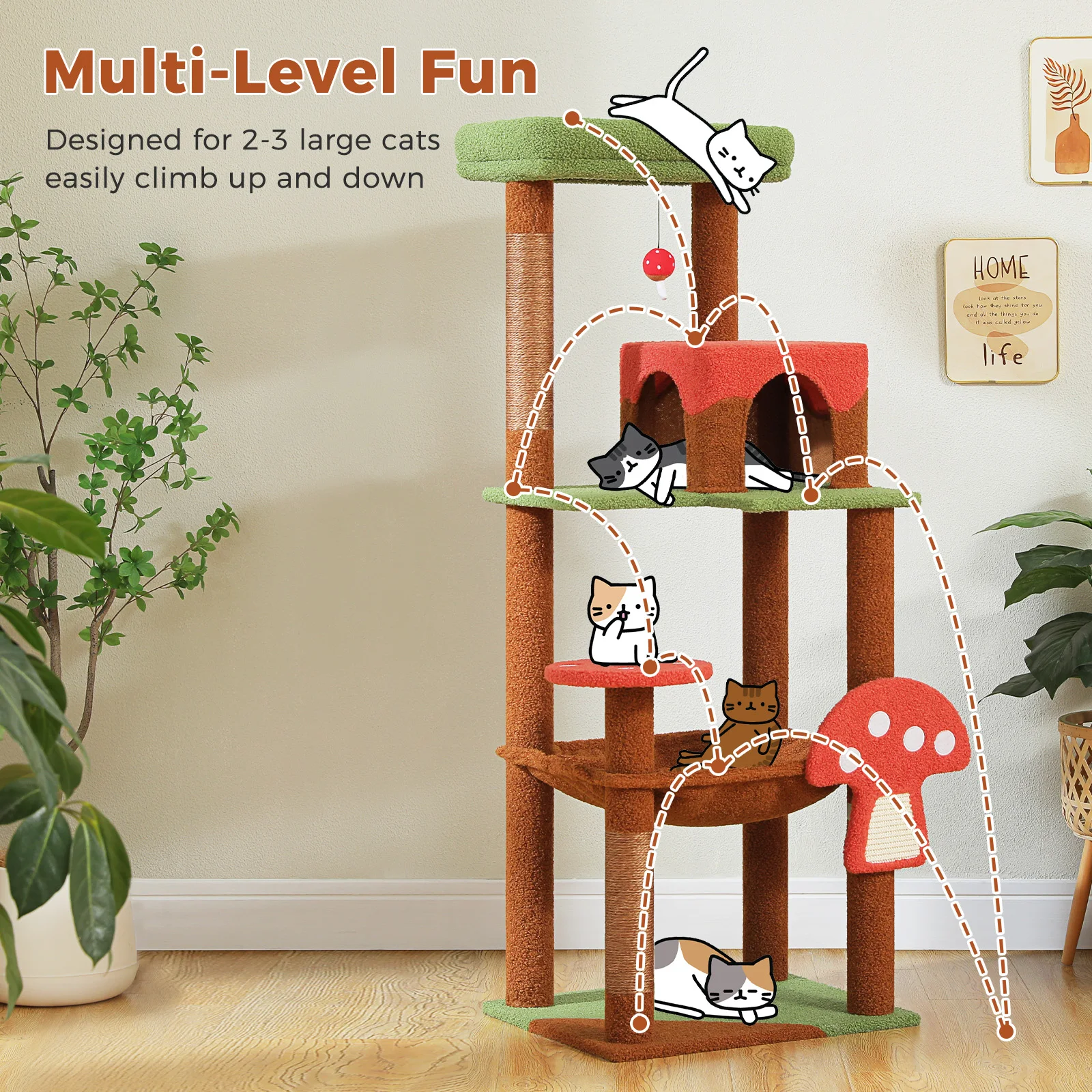 Árbol para gatos de varios niveles con postes para rascar, rascador extraíble, hamaca grande para Condo, torre para gatos con setas para juguetes de interior para gatos - imagen 2
