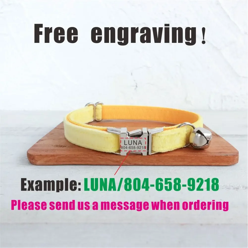 Collar de gato personalizado, contactos de nombre de identificación personalizados, hebilla de metal, collares de gato de terciopelo amarillo ajustables con campana - imagen 4