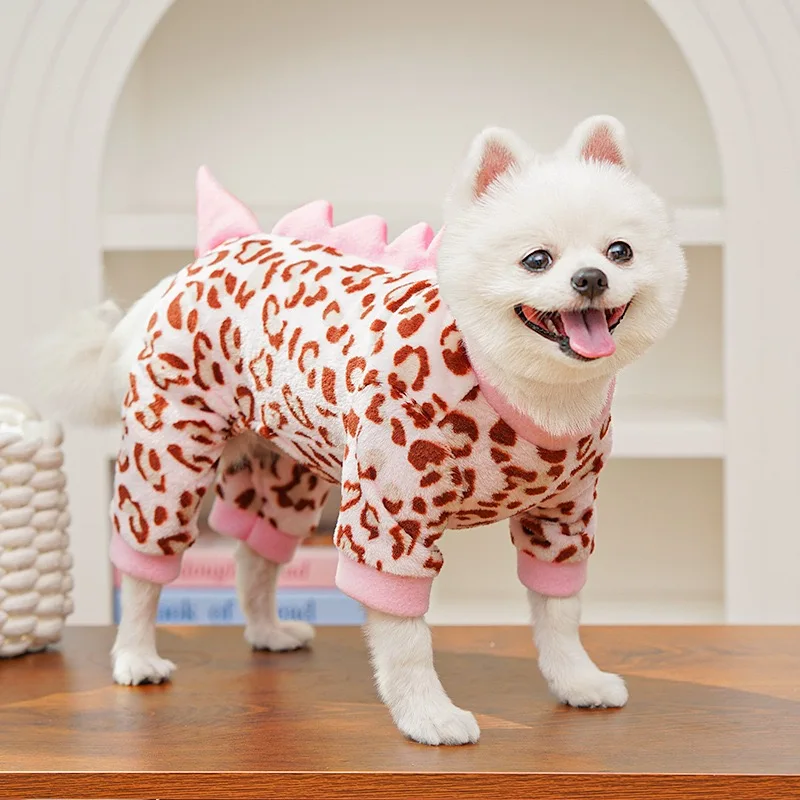 Ropa de franela de leopardo para perros, Cosplay de dinosaurio, monos de Chihuahua para gatos, Halloween, Navidad, Año Nuevo, ropa de invierno para cachorros - imagen 2