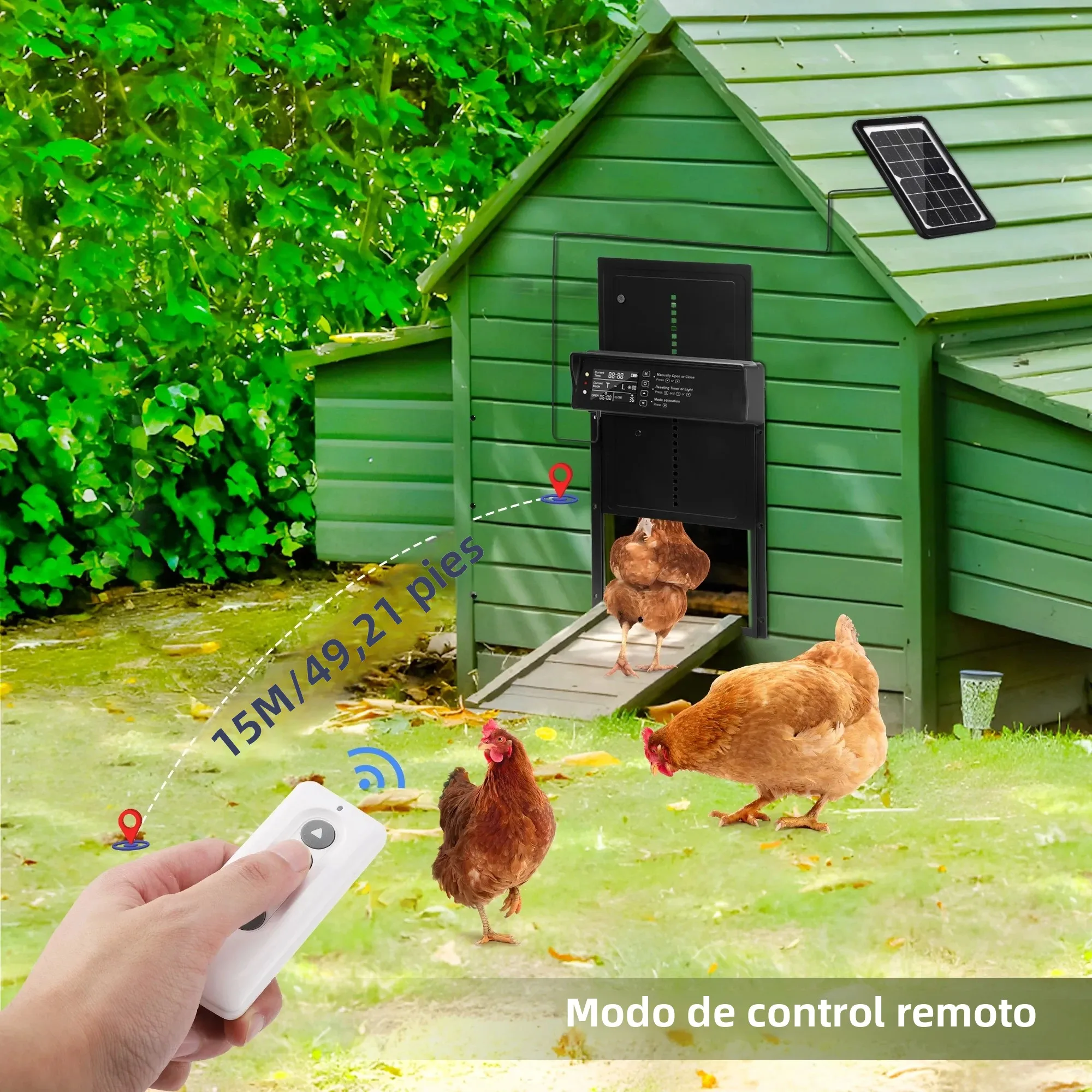 Puerta automática Solar para gallinero con pantalla LCD, Sensor de luz/temporizador/Control remoto puertas automáticas para pollos antipellizco a prueba de agua - imagen 4