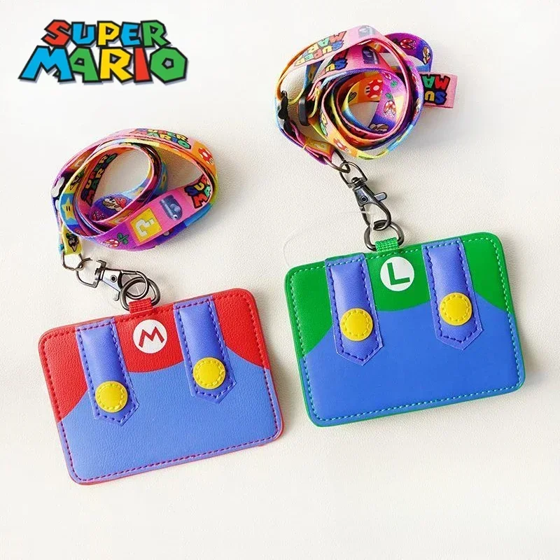 Titular de la tarjeta de Super Marios Bros, cordón de cuero PU, licencia de Anime, estudiantes, autobús, Campus, comida, funda de identificación de crédito, funda de tarjeta creativa para niños