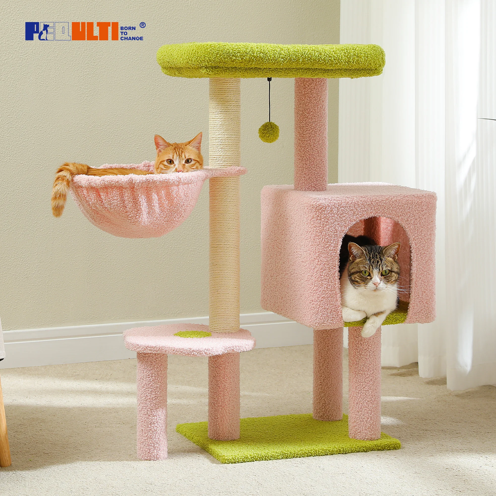 Árbol para gatos, linda torre para gatos con percha superior acolchada, cómoda hamaca, Condo privado, poste para rascar completamente y bola de campana colgante - imagen 2
