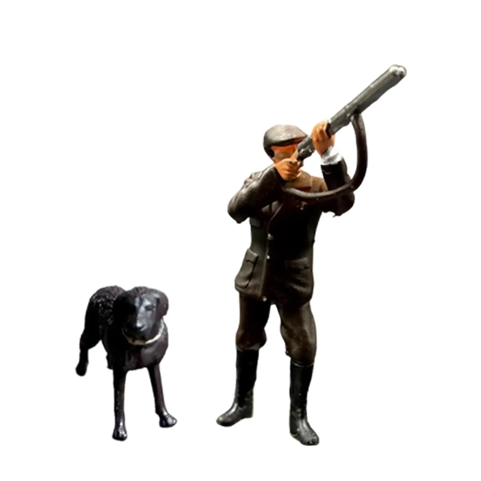1 64 Miniature Figurine Resin Model Train Hunter with Black Dog Mini Doll for Diorama Layouts