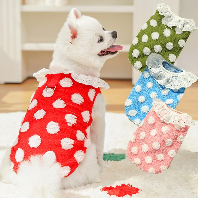 Sudadera con encaje hueco para perro, ropa de invierno de terciopelo con puntos blancos para Bulldog Francés, chaleco para cachorro de Año Nuevo, monos medianos y grandes