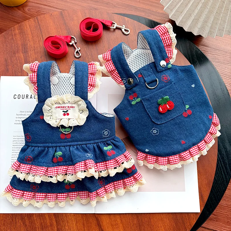Vestido mezclilla cerezas para perro y chaleco con volantes para gato - imagen 2