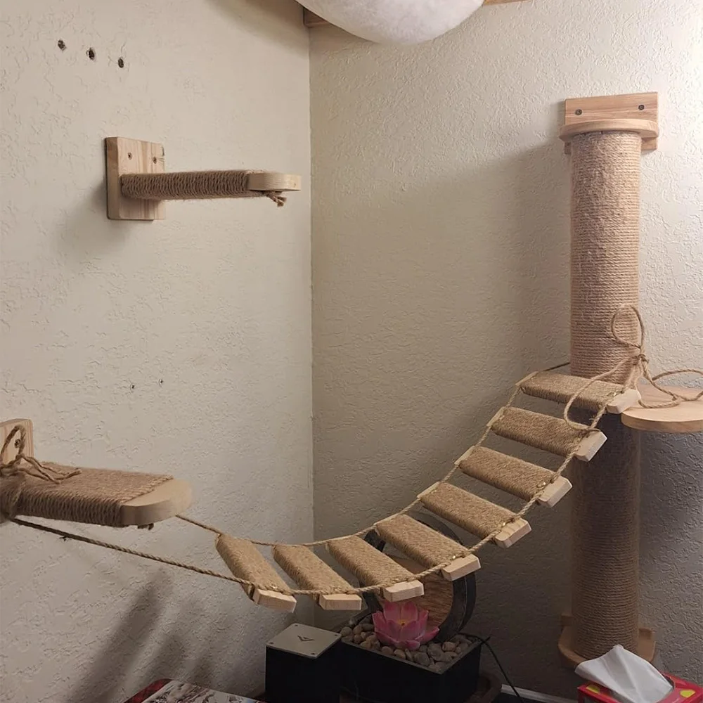 Centro de actividades para gatos montado en la pared, escalador de madera para gatos con puente y escalón de cuerda para rascar de Sisal para escalar gatitos y gatos adultos - imagen 5