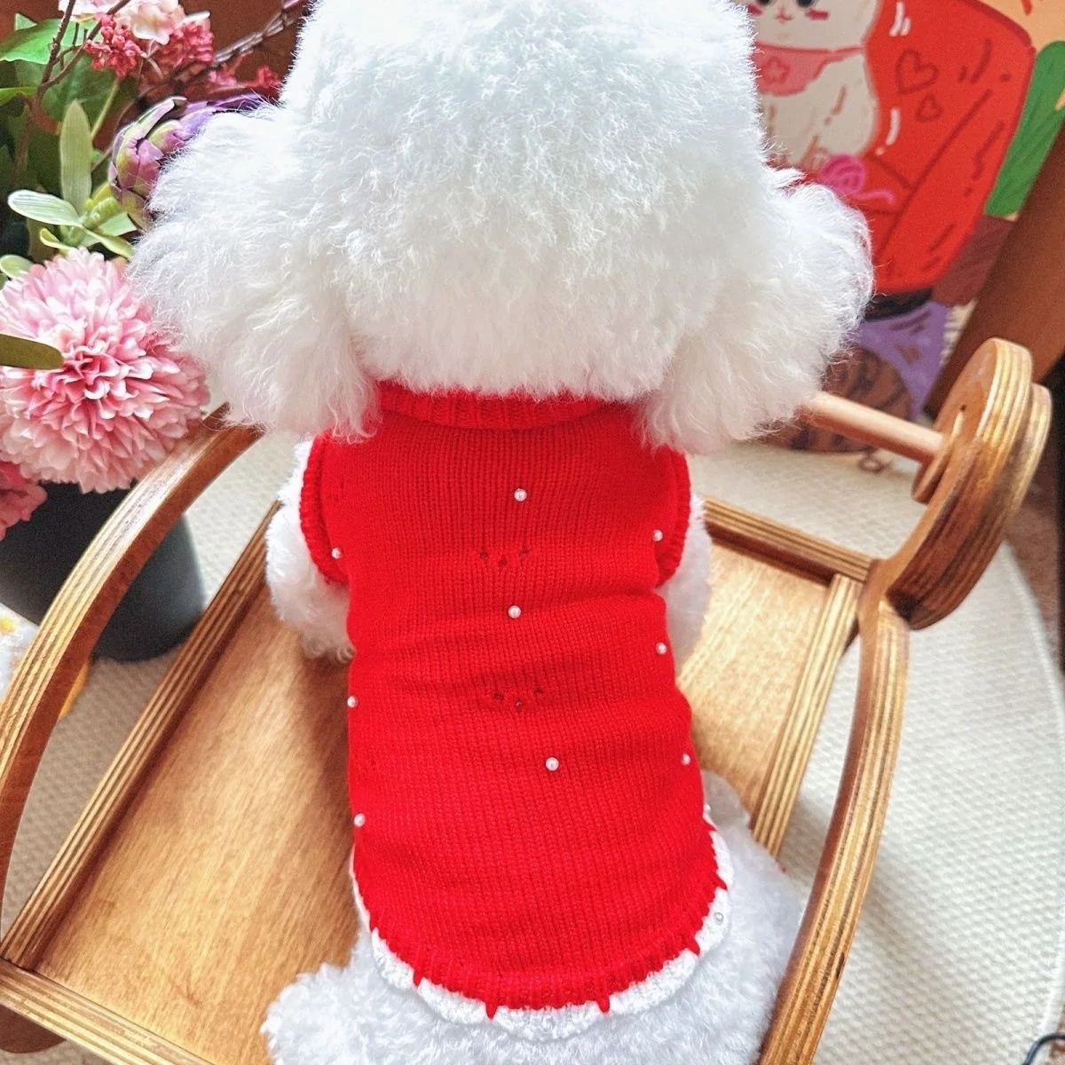 Chaleco rojo tejido de Año Nuevo para mascotas, suéter de Navidad para mascotas, abrigo de peluche cálido, ropa para perros pequeños, ropa para cachorros - imagen 3