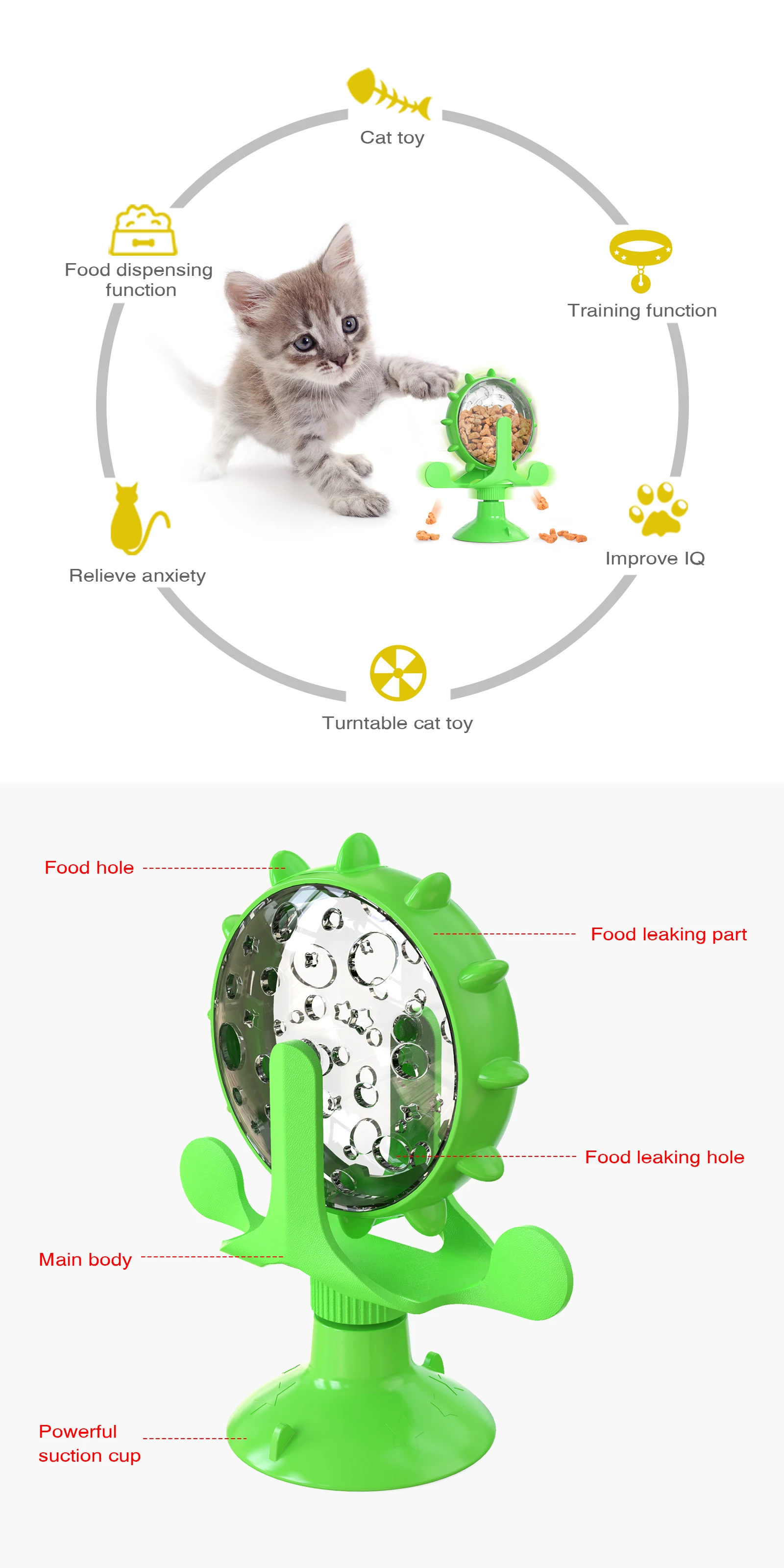 Un juguete de gato verde con un espejo y una pequeña figura de gato