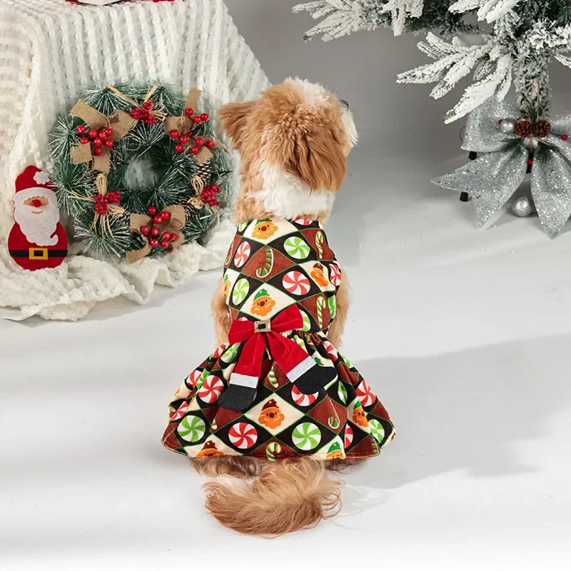 Traje cálido para mascotas para perros pequeños/medianos, vestido navideño para perros, falda de invierno de terciopelo cristalino con lazo, S–XL - imagen 4