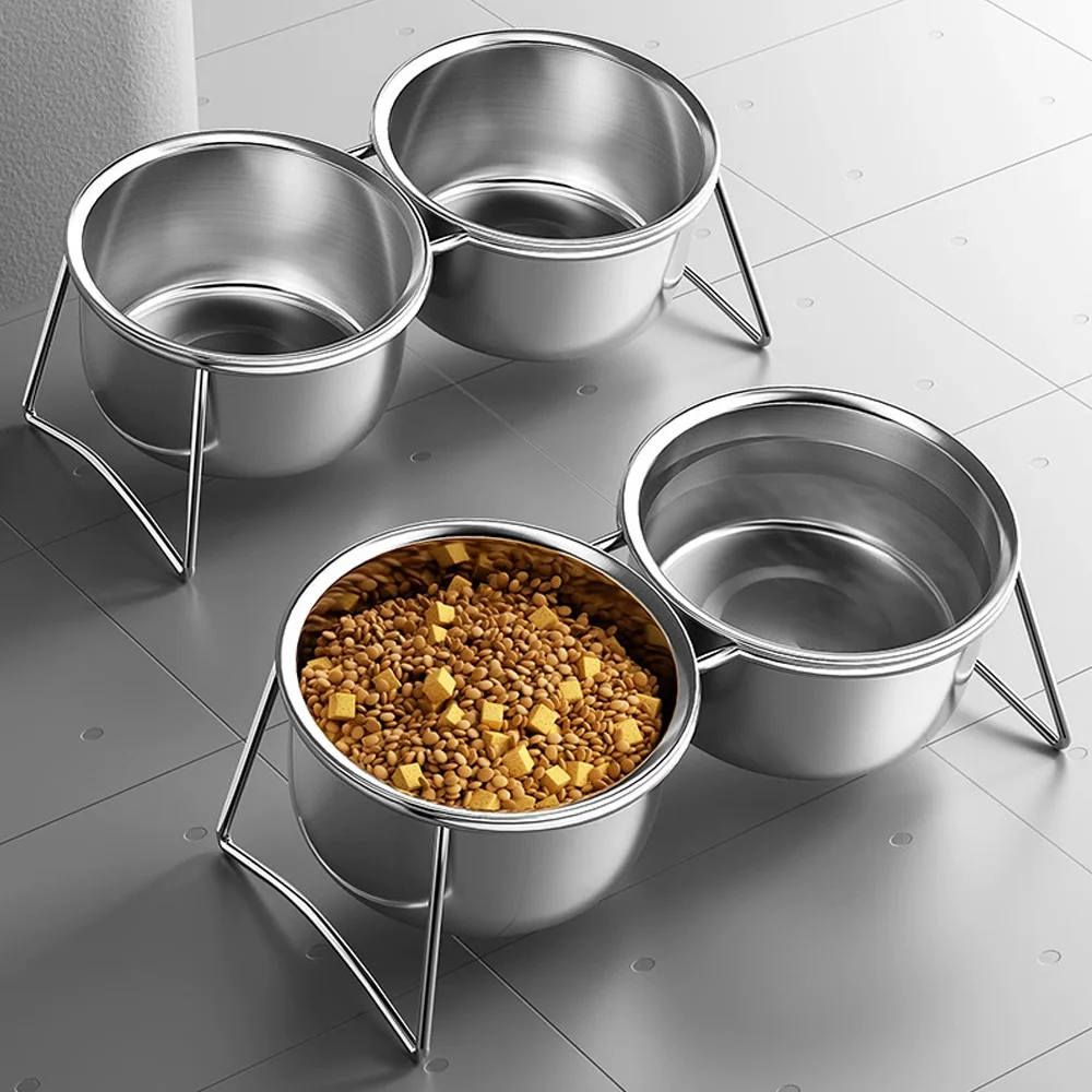 Comedero lento doble elevado de acero inoxidable para perros y gatos