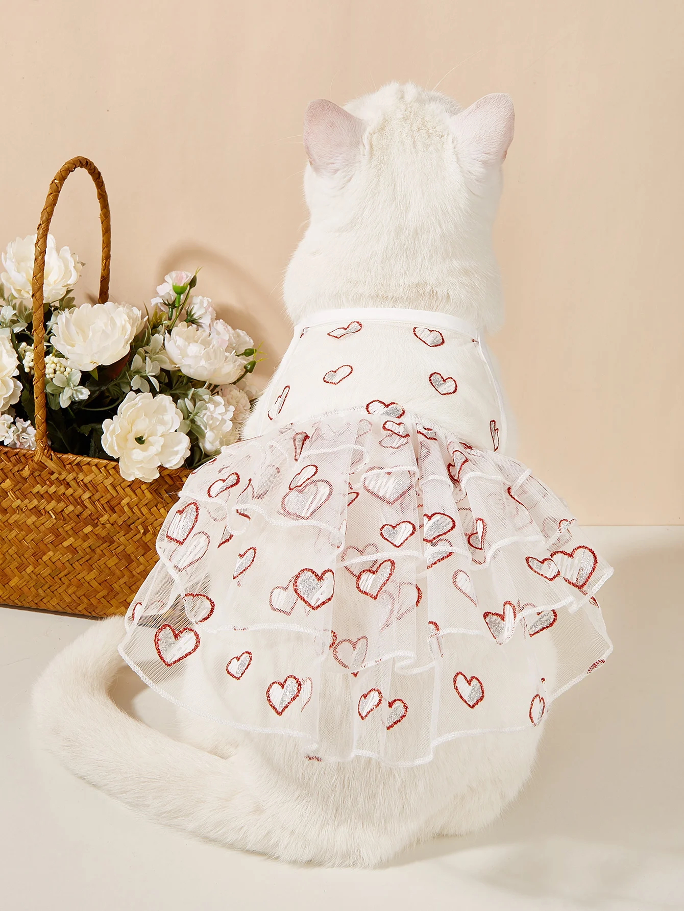 Vestido de tul para mascotas con estampado de corazones brillantes, volantes en capas, vestidos transparentes para perros para princesa niña cachorro perro gato gatito