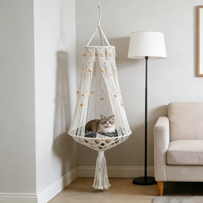 Hamaca macramé para gatos tejida a mano algodón bohémio interior