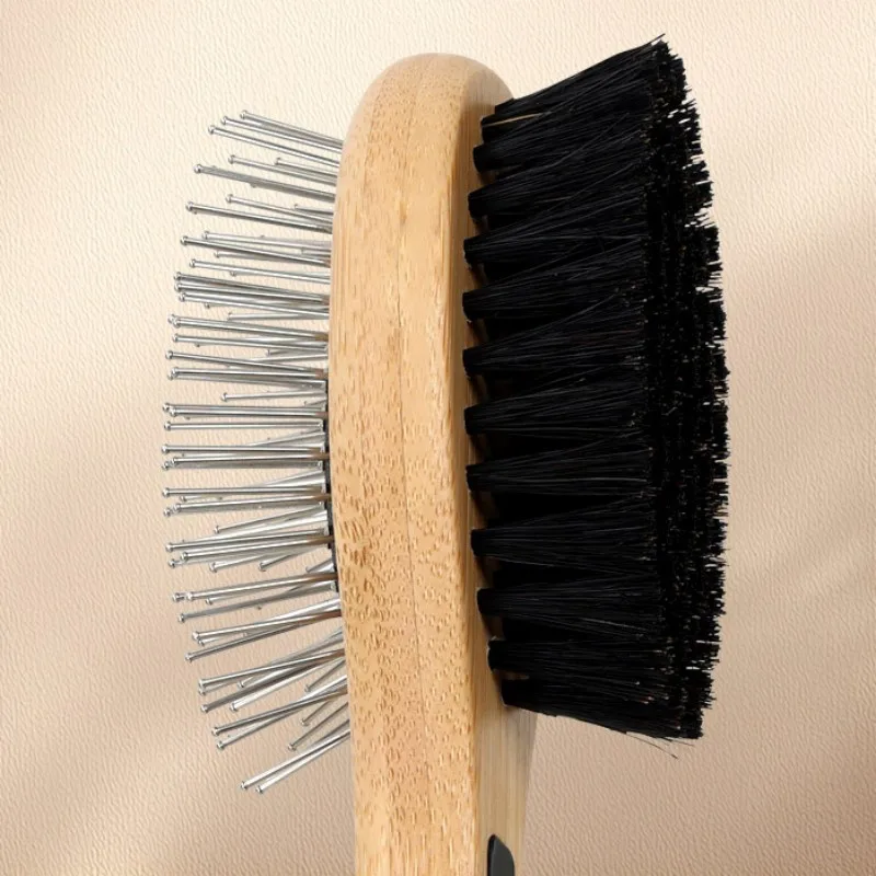 Peine para perros, cepillo de doble cara para perros, cepillo de bambú para el cuidado de perros, removedor de pelo para mascotas, peines de masaje para cepillos de limpieza de nudos de pelo de gato