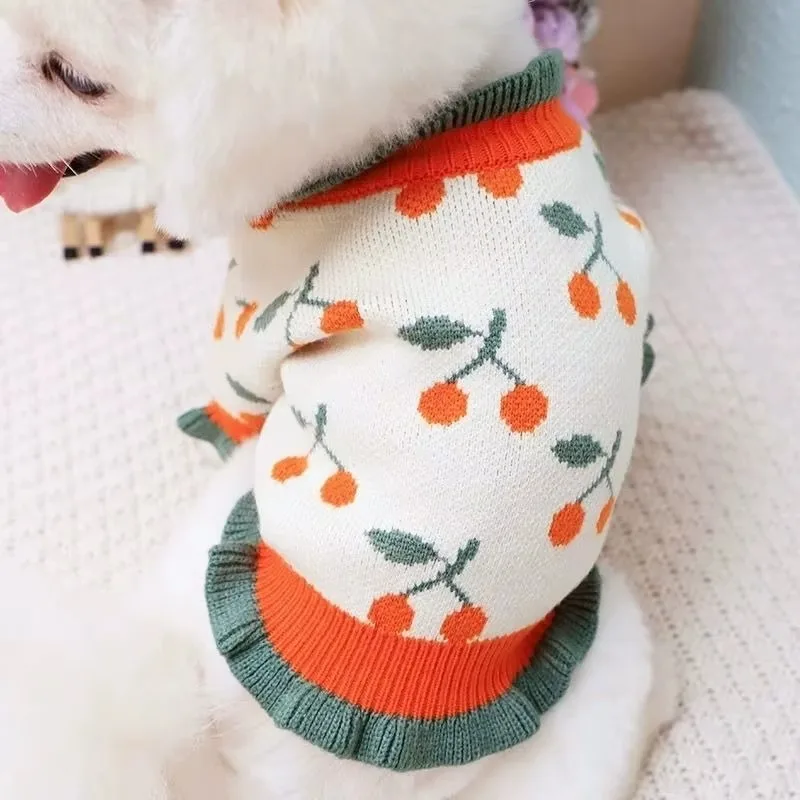 Ropa cálida de cereza para perros, suéter de Pomerania, caniche, punto de flores, Schnauzer, ropa de invierno para perros pequeños, ropa informal de dos patas - imagen 4