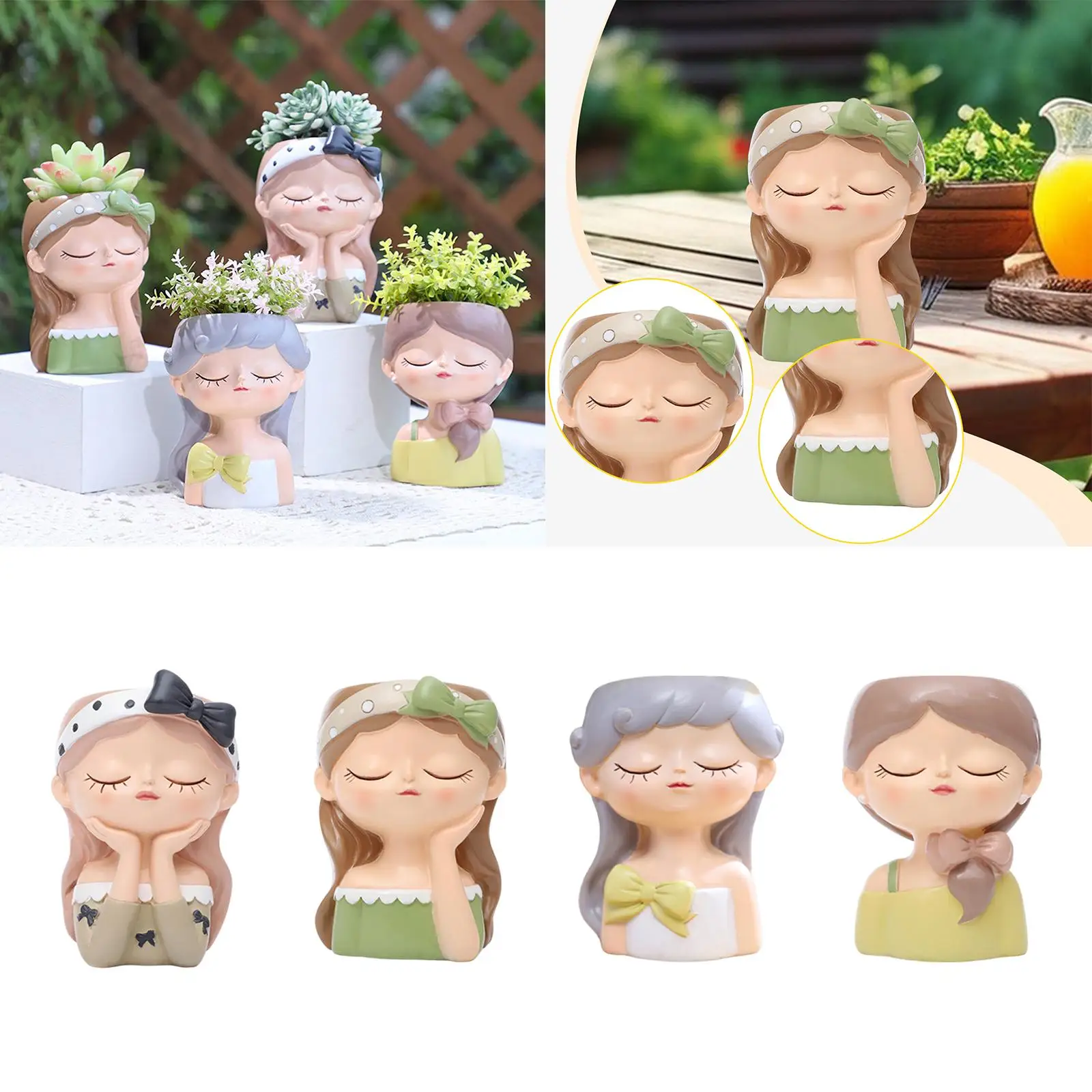 Girl Flower Pot Craft Resin Plant Pot for Indoor Outdoor Bookshelf Tabletop