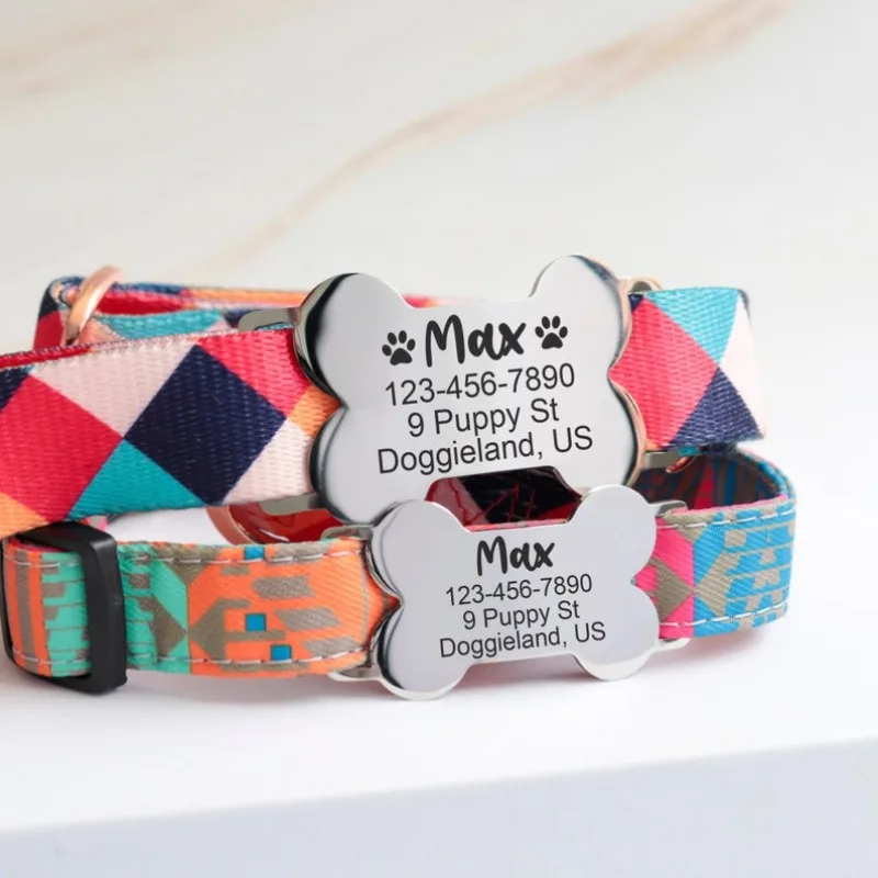 Etiqueta de identificación personalizada para mascotas, etiquetas de nombres grabadas deslizantes de acero inoxidable, accesorios para Collar, colgante, etiquetas para perros grabadas gratis