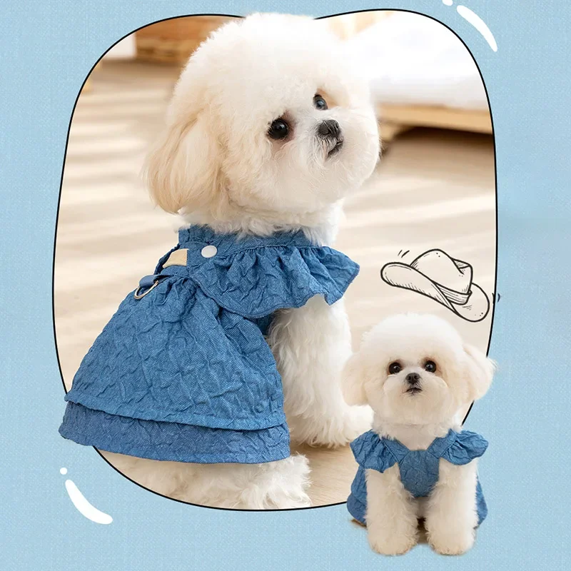 Vestidos de mezclilla para perros pequeños, ropa para cachorros y niñas con anillo de correa, mangas voladoras, ropa de verano para gatos, trajes de Chihuahua azules - imagen 3
