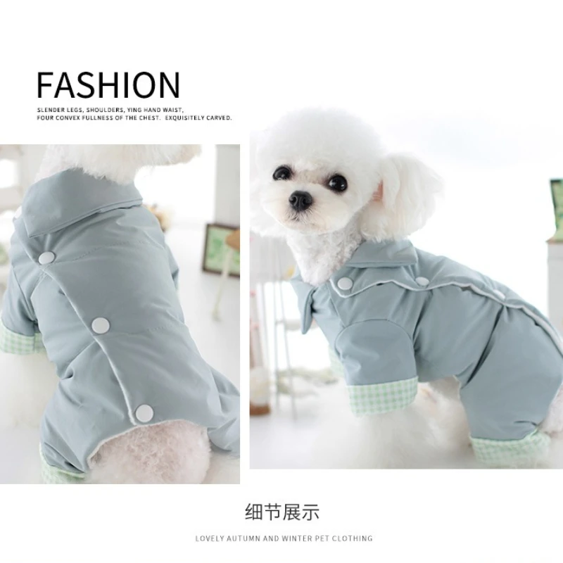 Ropa para perros, ropa de otoño e invierno, ropa gruesa acolchada de algodón de cuatro patas con botones abiertos en la espalda de terciopelo, productos para mascotas de peluche - imagen 3
