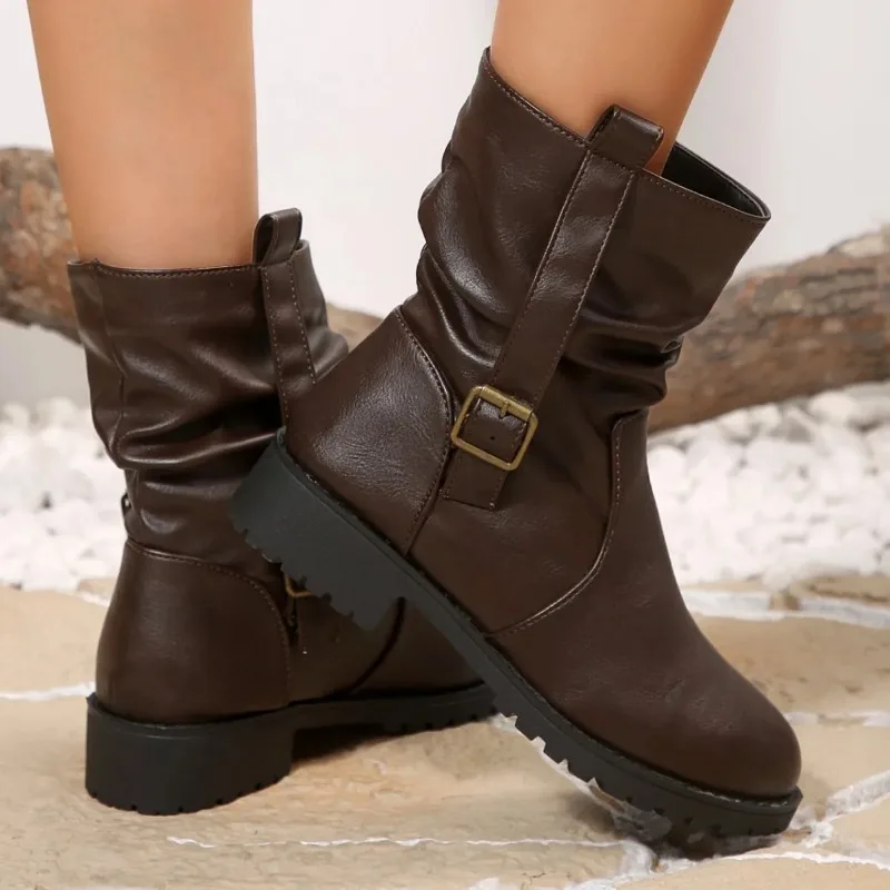 Botas de moto de estilo Retro para mujer, botines cortos ajustados a la moda para invierno y otoño, informales, con punta redonda y tacón medio - imagen 4