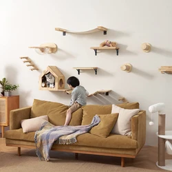 Escalera para gatos con hamaca y rascador en madera maciza para pared