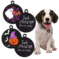 Etiquetas negras de acero para perros y gatos – Nombre Halloween