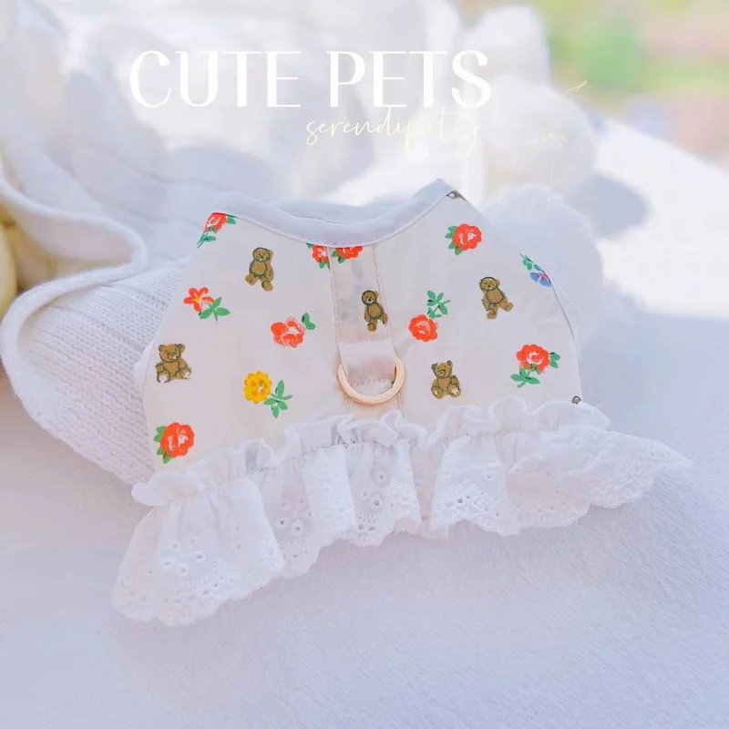 Conjunto de arnés con correa para perro y gato, chaleco de arnés Floral de encaje ajustable para mascotas, vestido de princesa para cachorros, falda para caminar, plomo para Chihuahua y Pug - imagen 2