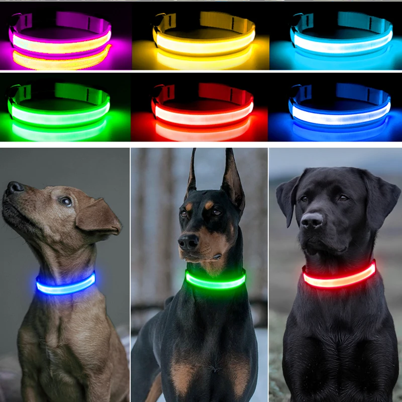 Collar luminoso LED, Collar brillante ajustable para perro, recargable por USB, intermitente, antipérdida/a evita accidentes del coche, productos para perros y mascotas