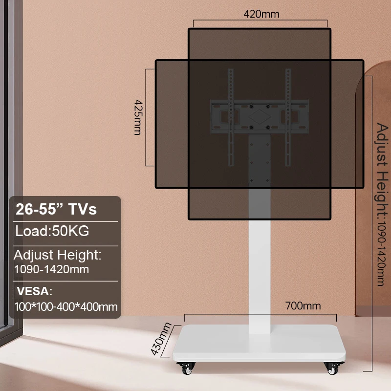 Soporte para TV de suelo con toma de corriente, soporte para TV universal para televisores de 26-55 pulgadas de hasta 110 libras, soporte para TV de altura ajustable con giratorio - imagen 3