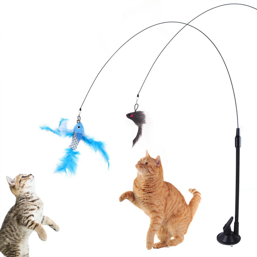 Juguetes Divertidos para gatos, ventosa de alambre de acero, palo interactivo para gatos, ratón, pluma, gatito, ejercicio de caza, suministros de productos para mascotas - imagen 3