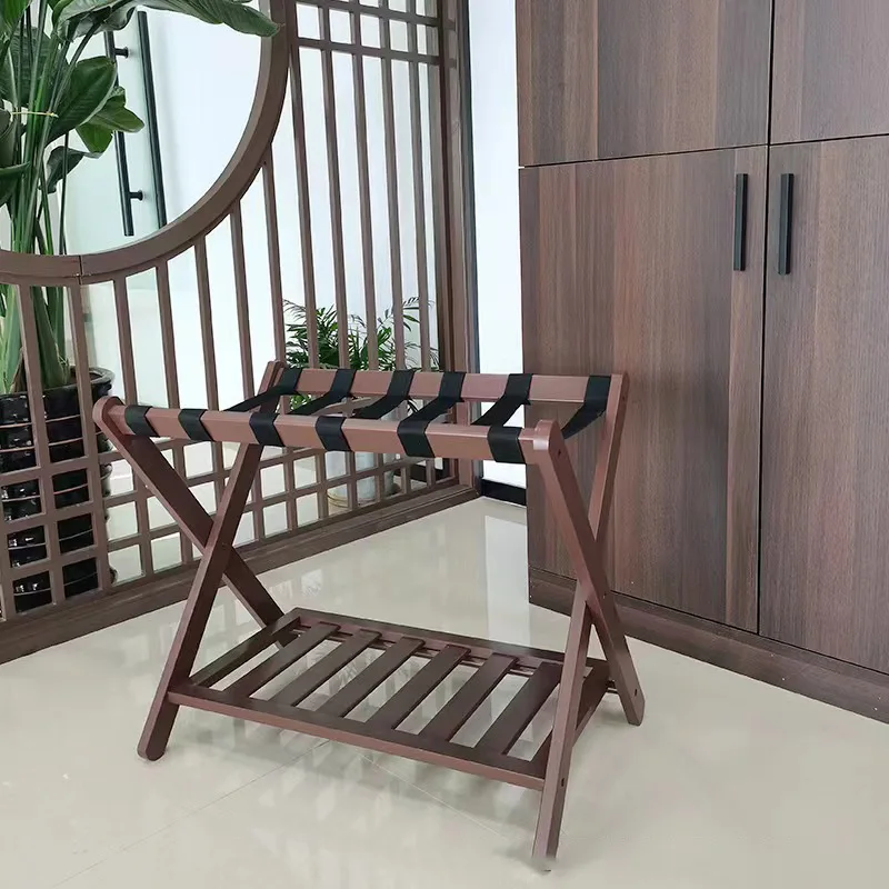 Vista frontal del soporte plegable de madera mostrando los dos niveles
