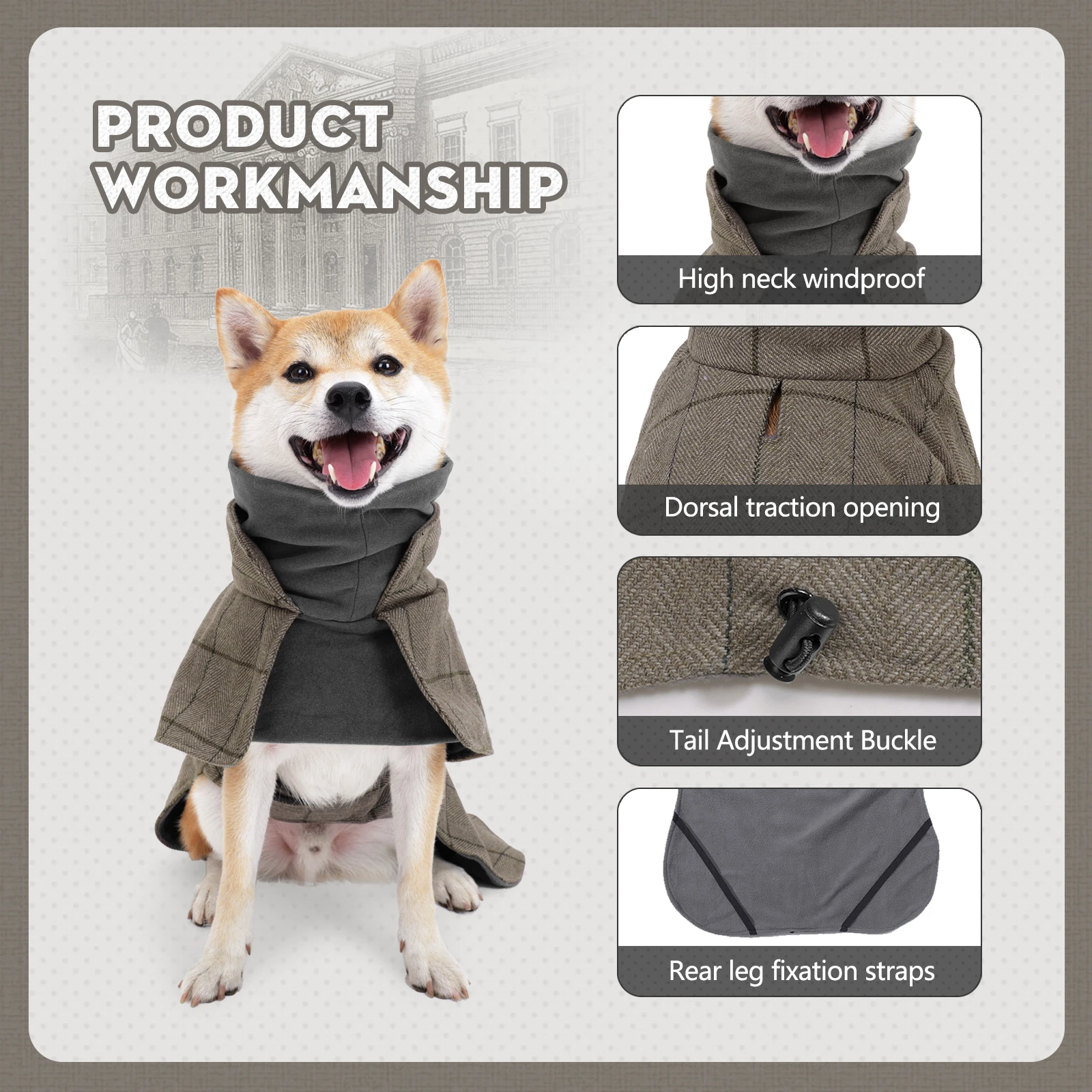Chaqueta a cuadros a prueba de viento para perros masculinos estilo británico Otoño Invierno abrigo cálido para perros vestido Formal de vacaciones ajustable con forro polar - imagen 3