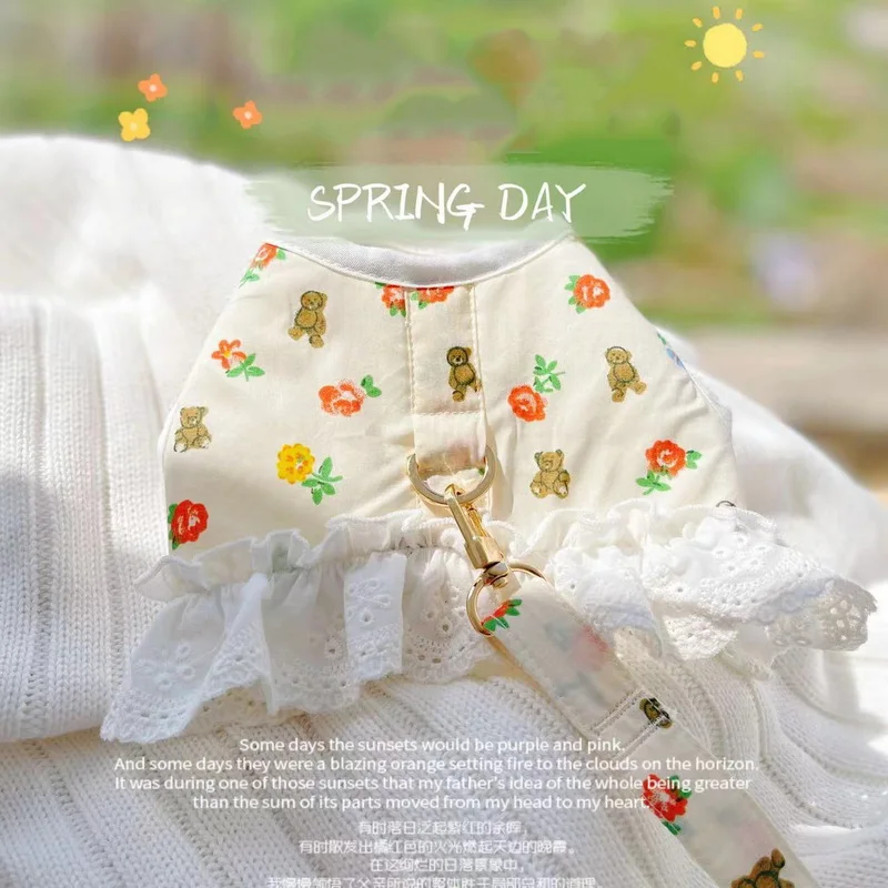 Conjunto de arnés con correa para perro y gato, chaleco de arnés Floral de encaje ajustable para mascotas, vestido de princesa para cachorros, falda para caminar, plomo para Chihuahua y Pug