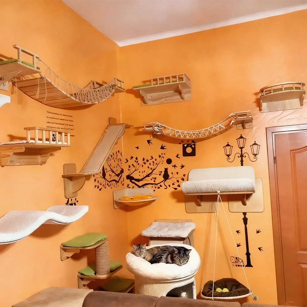 Estantes y perchas de pared para gatos, muebles para gatos montados en la pared con puente de hamaca, árbol para gatos y postes rascadores para gatos de interior - imagen 5