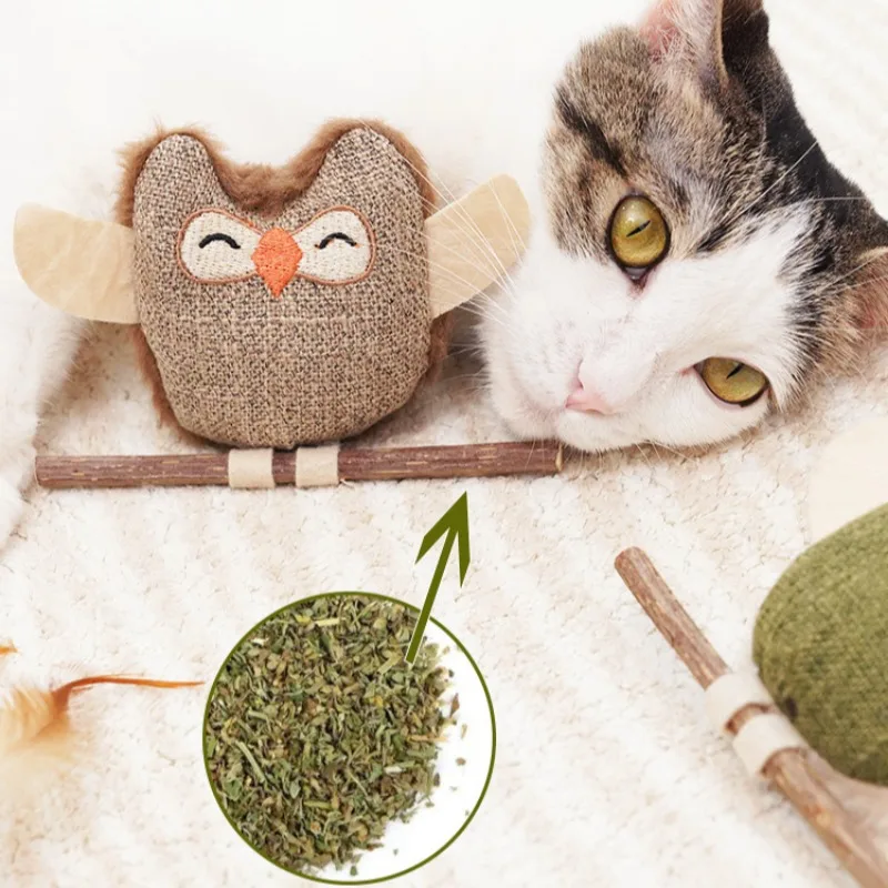 Juguetes para masticar para gatos con Actinidia Polygama, juguetes de hierba gatera en forma de búho para interiores, suministros interactivos suaves y duraderos de lino para gatitos, productos para mascotas - imagen 2