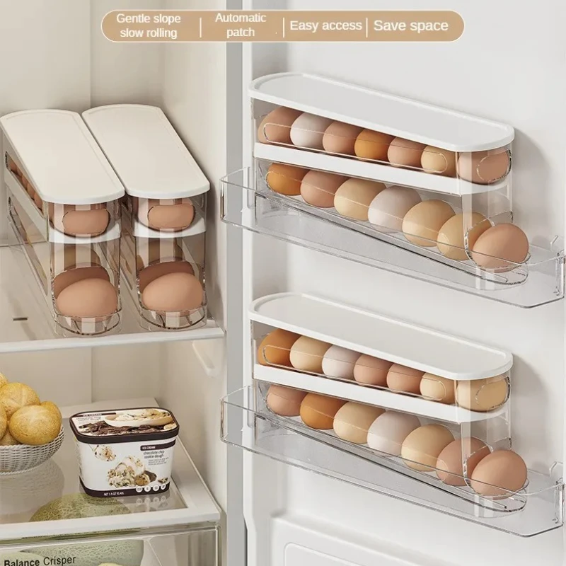 Caja de almacenamiento de huevos para nevera bicapa, soporte automático para huevos rodante, estante estilo escalera, dispensador de huevos para refrigerador, soporte organizador de huevos - imagen 3