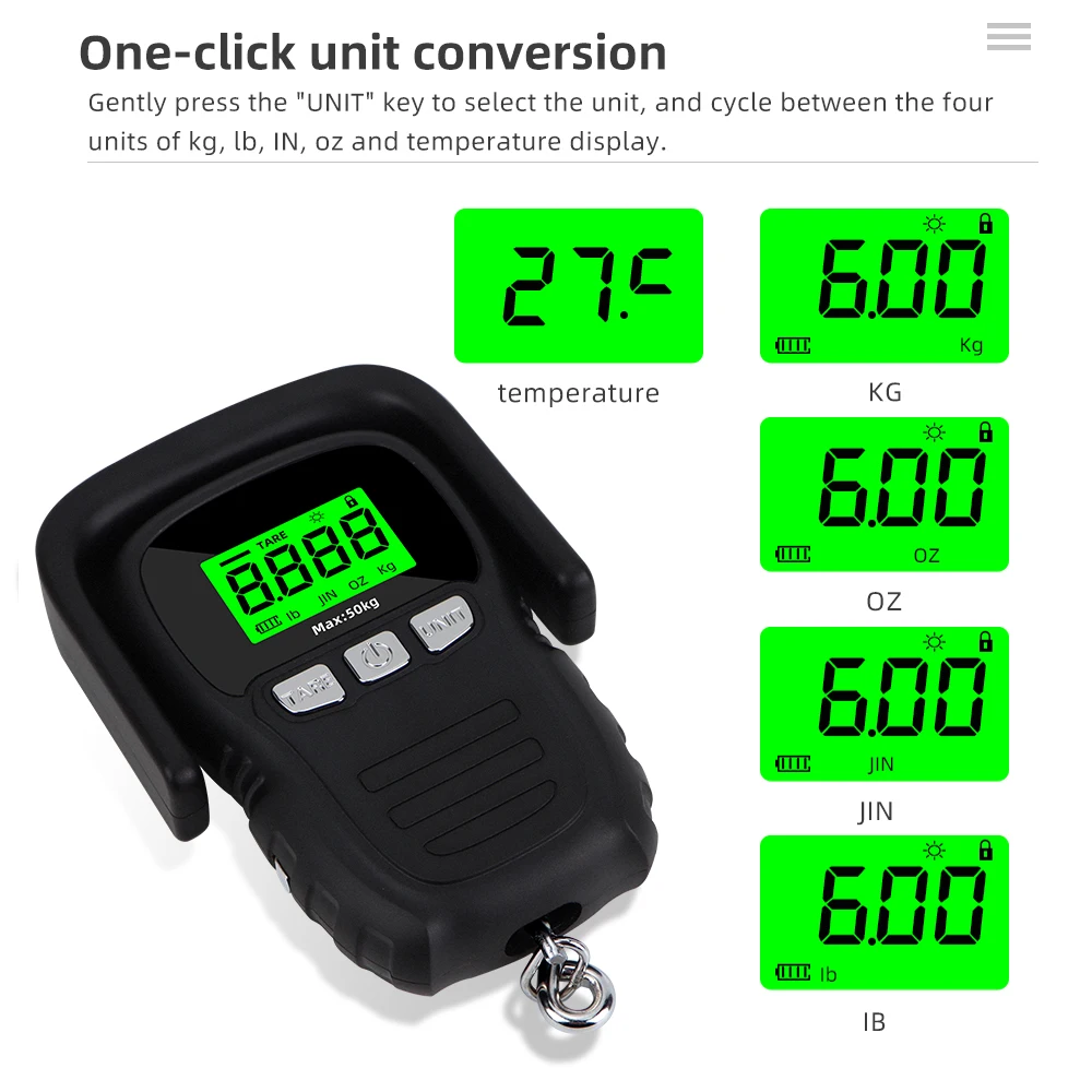 Gancho colgante portátil de 50kg/5g, báscula Digital con pantalla LCD retroiluminada para pesca, viaje, pesaje electrónico KG/OZ/TEMP - imagen 2