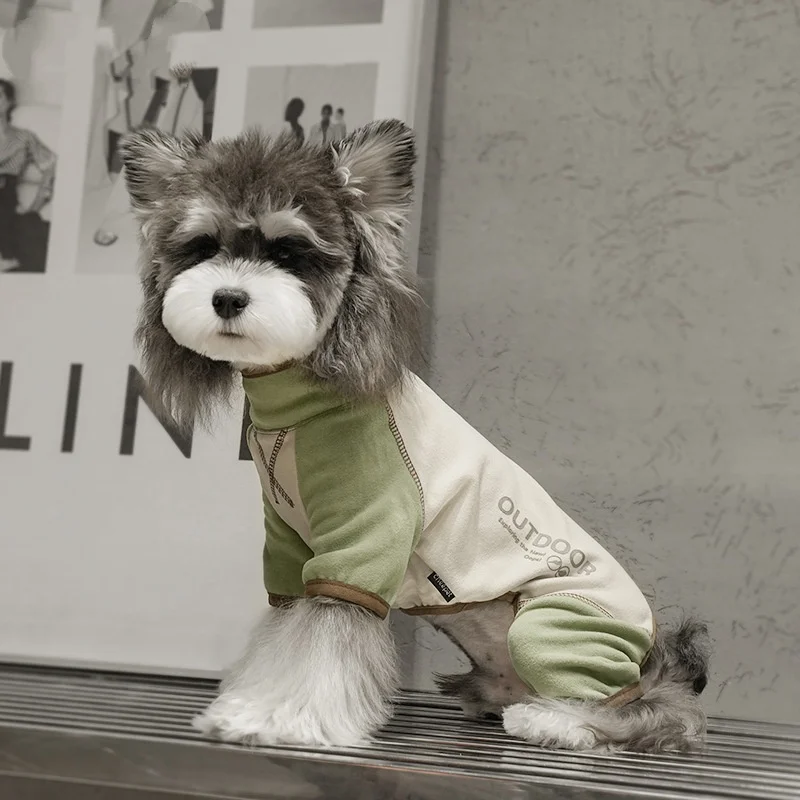 Ropa para perros Polar verde Abrigo de 4 patas para Schnauzer Sudadera elástica de manga larga cálida para pijama de bloques de color