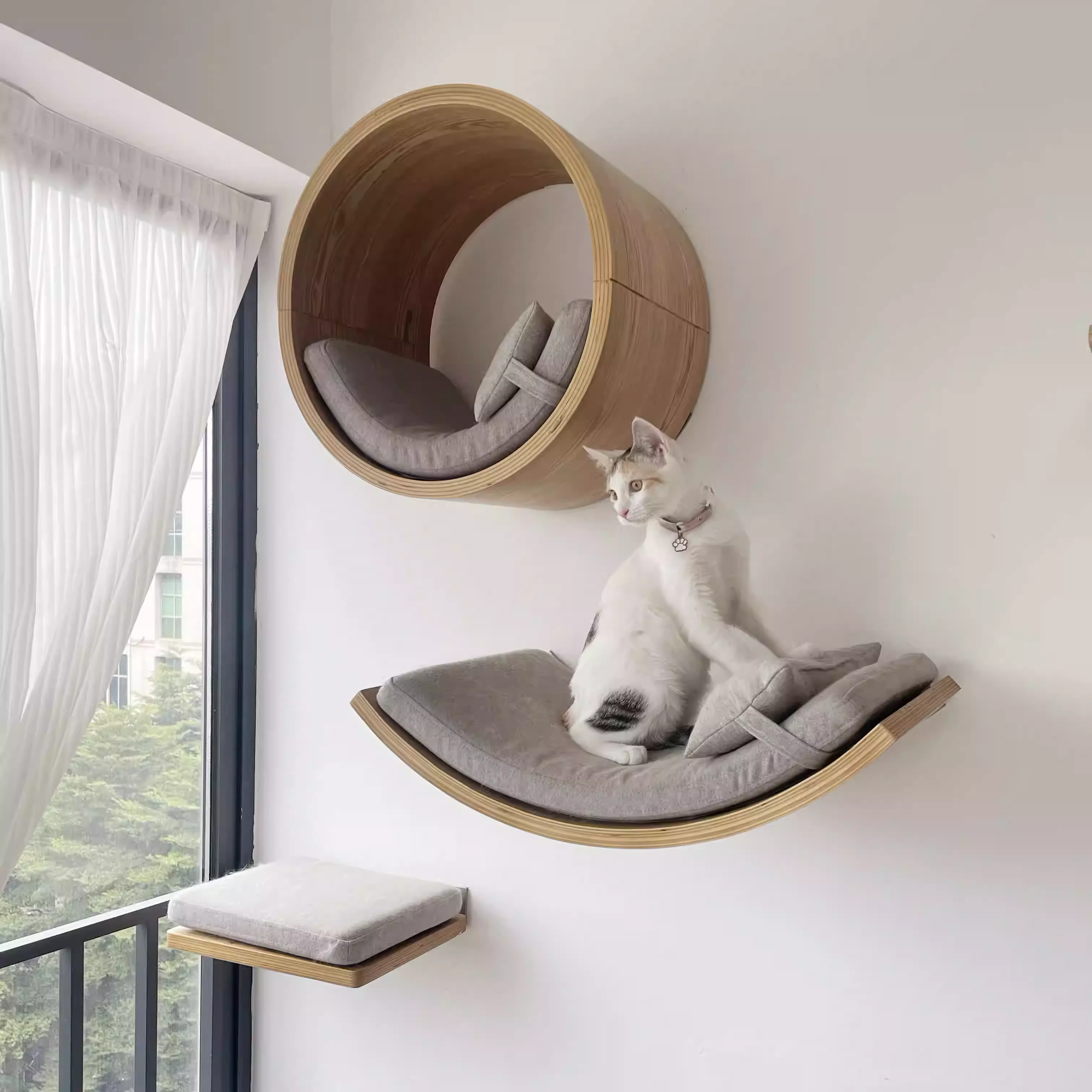 Juego de torre de árbol montada en la pared para gatos con hamaca, escaleras y casa para gatos, accesorio para muebles para mascotas para pasear y jugar