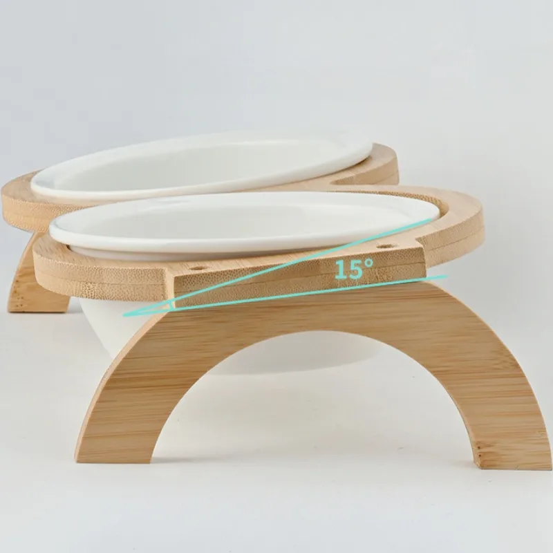 Cuencos de cerámica para comida de gatos elevados de madera, vajilla para mascotas, gatito, cachorro, tazón doble para beber de acero inoxidable, contenedor alimentador para perros - imagen 3