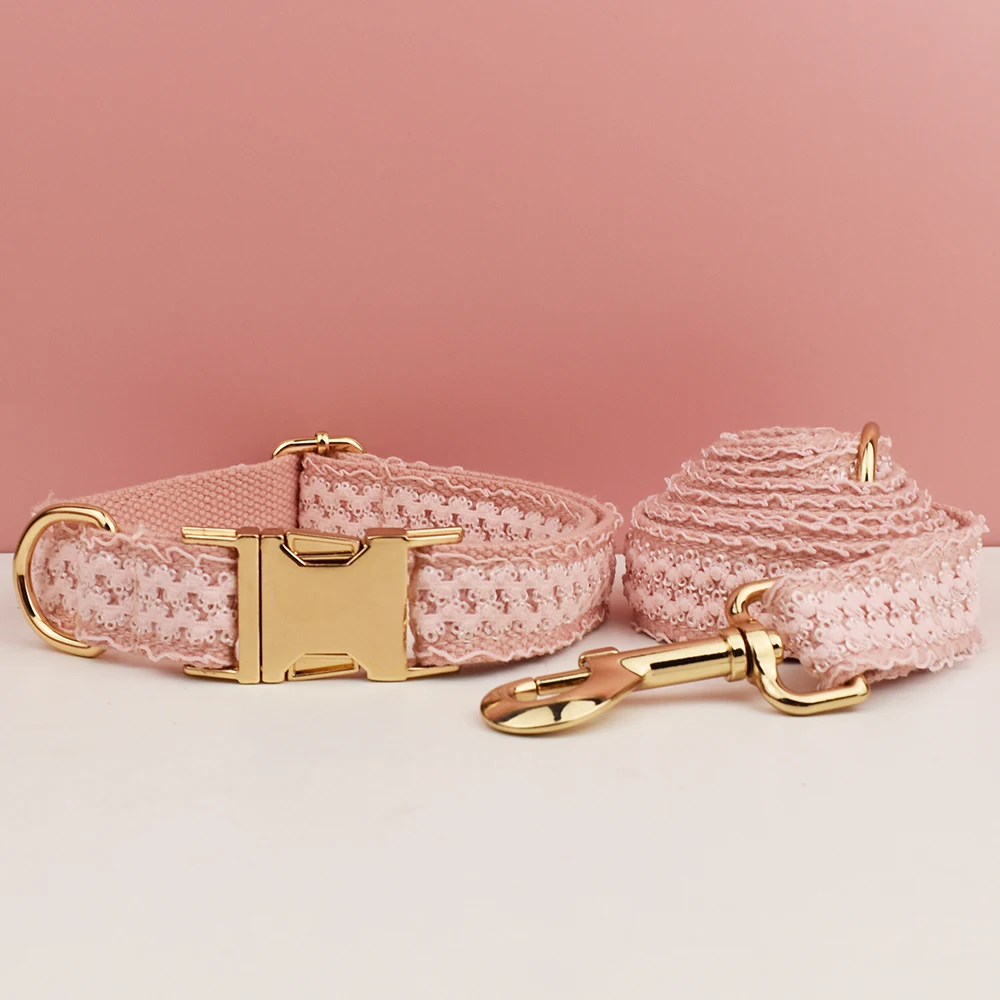 Collar de encaje rosa para perro, placa de identificación grabada personalizada, arnés para Collar de boda para mascotas, accesorios para perros, lujo Lace03 - imagen 3
