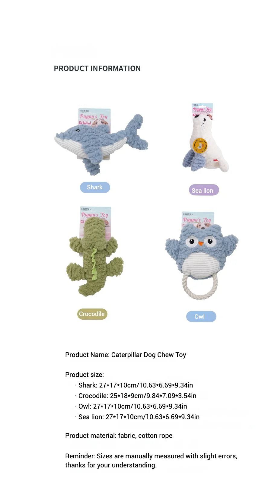 Juguetes para masticar para perros con temática del océano, tiburón de peluche chirriante, cocodrilo, búho, León marino, cuerda de algodón duradera, juguete interactivo de remolque suave y seguro