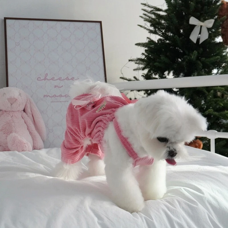 Monos de pana para mascotas, mono con lazo de mariposa, ropa de dos patas para cachorros de otoño e invierno, pantalones de cuatro patas para gato de peluche - imagen 2