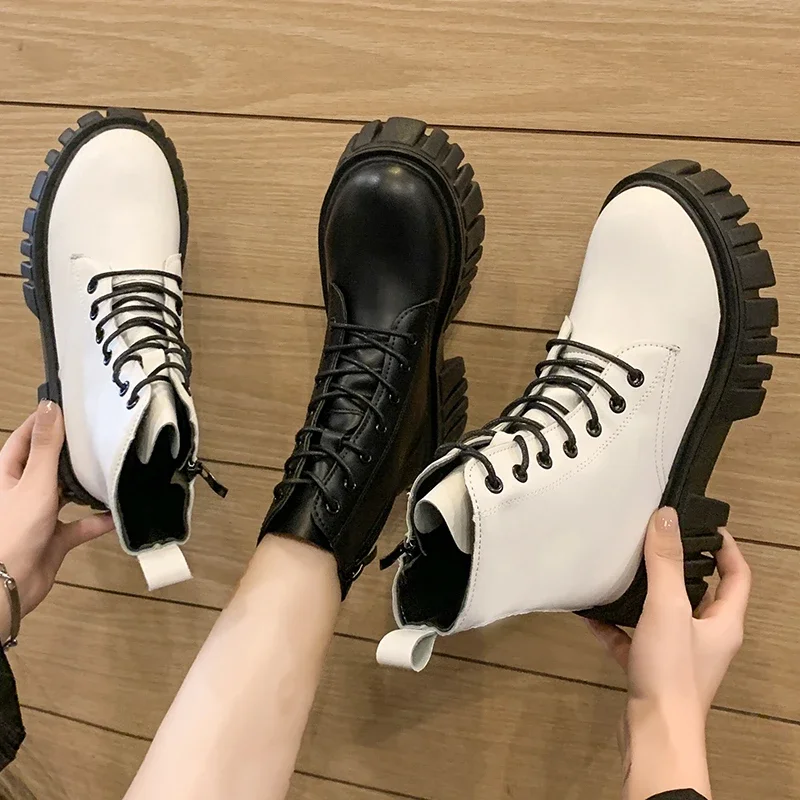 Botas de combate de plataforma gruesa blanca para Mujer, botines de cuero Pu con cremallera trasera, Botas de motocicleta con parte inferior gruesa Punk para Mujer - imagen 3