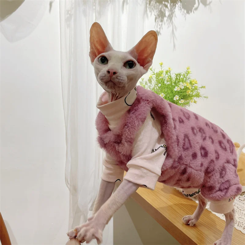 Traje de sombrero de suéter de 4 patas de vellón cálido de invierno para Sphynx Chaleco sin mangas azul grueso para gato Abrigo de leopardo suave para Devon Rex - imagen 5