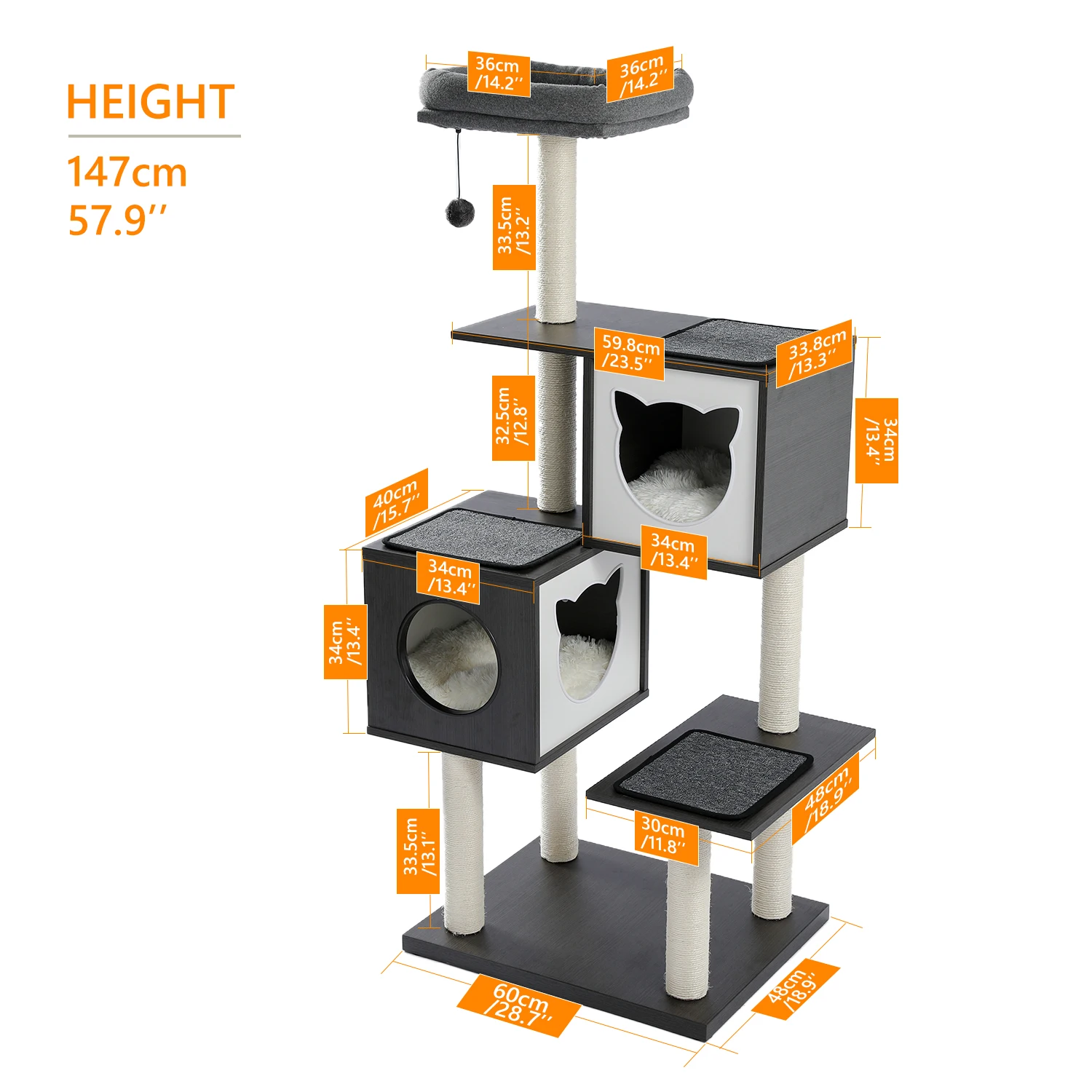 Torre de árbol para gatos de 147CM de altura, consolas dobles para interiores, madera maciza, plataforma multinivel, Bola de felpa acolchada, perca, rascador gato - imagen 4