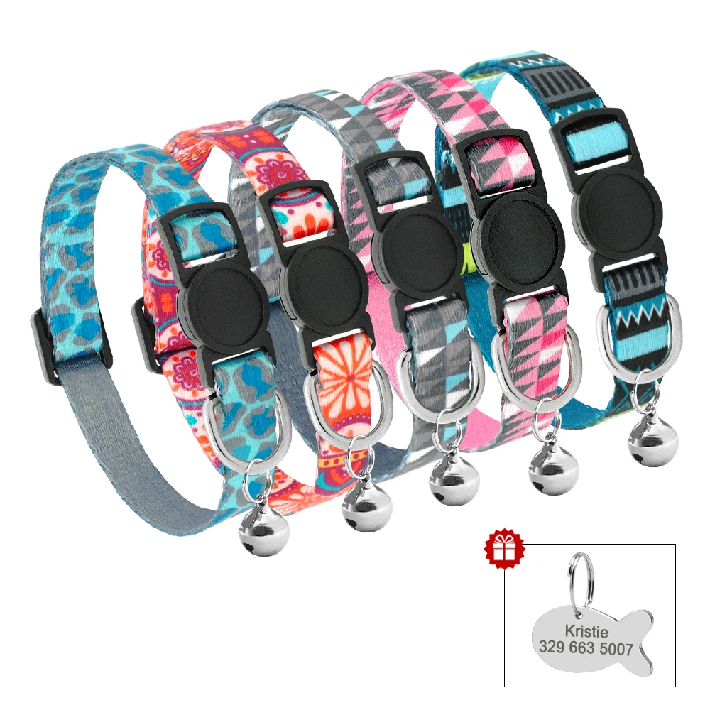 Collar de gato personalizado con estampado bonito, collares de gatito personalizados de liberación rápida con campana grabada, collar para gatos, accesorios para gato - imagen 2