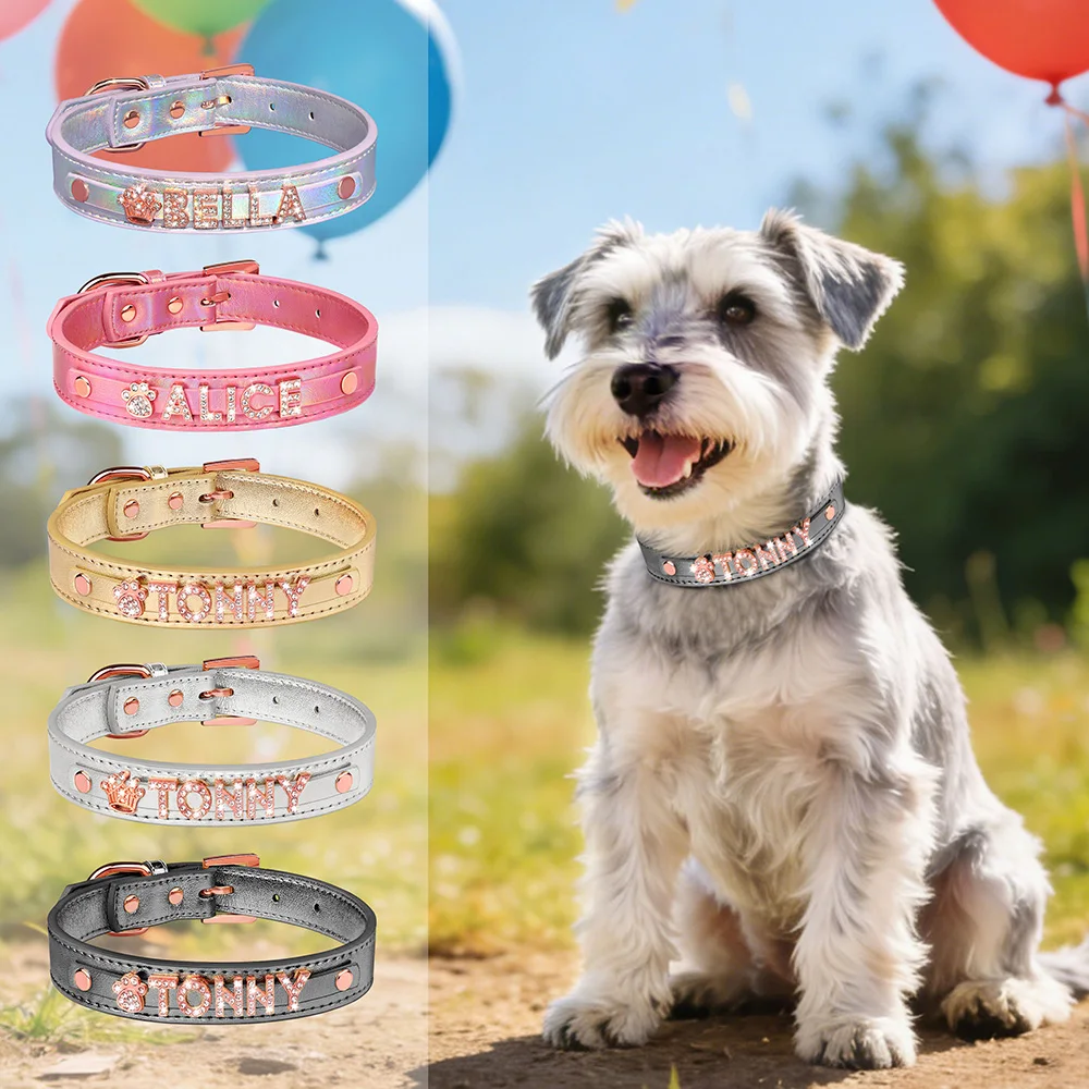 Collar de Perro Personalizado en Cuero PU Brillante con Letra en Oro Rosa - imagen 2