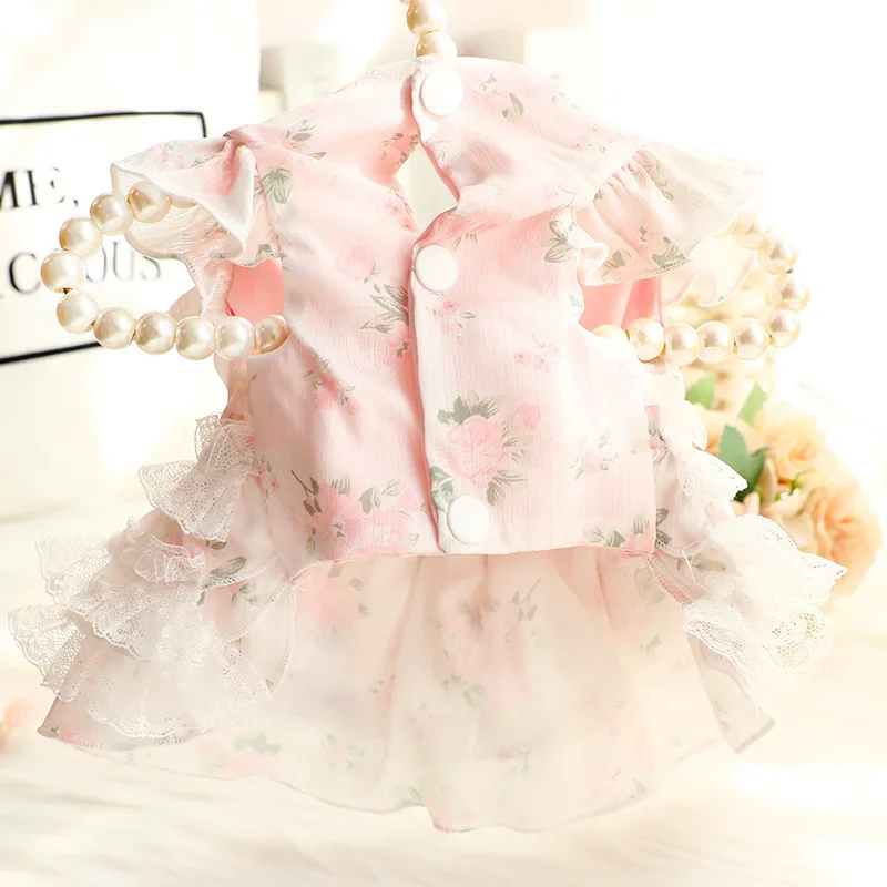 Nueva llegada de primavera/verano, falda de princesa estilo perro gato, diseño de encaje con estampado Floral y anillo en D para Do'g pequeño - imagen 4