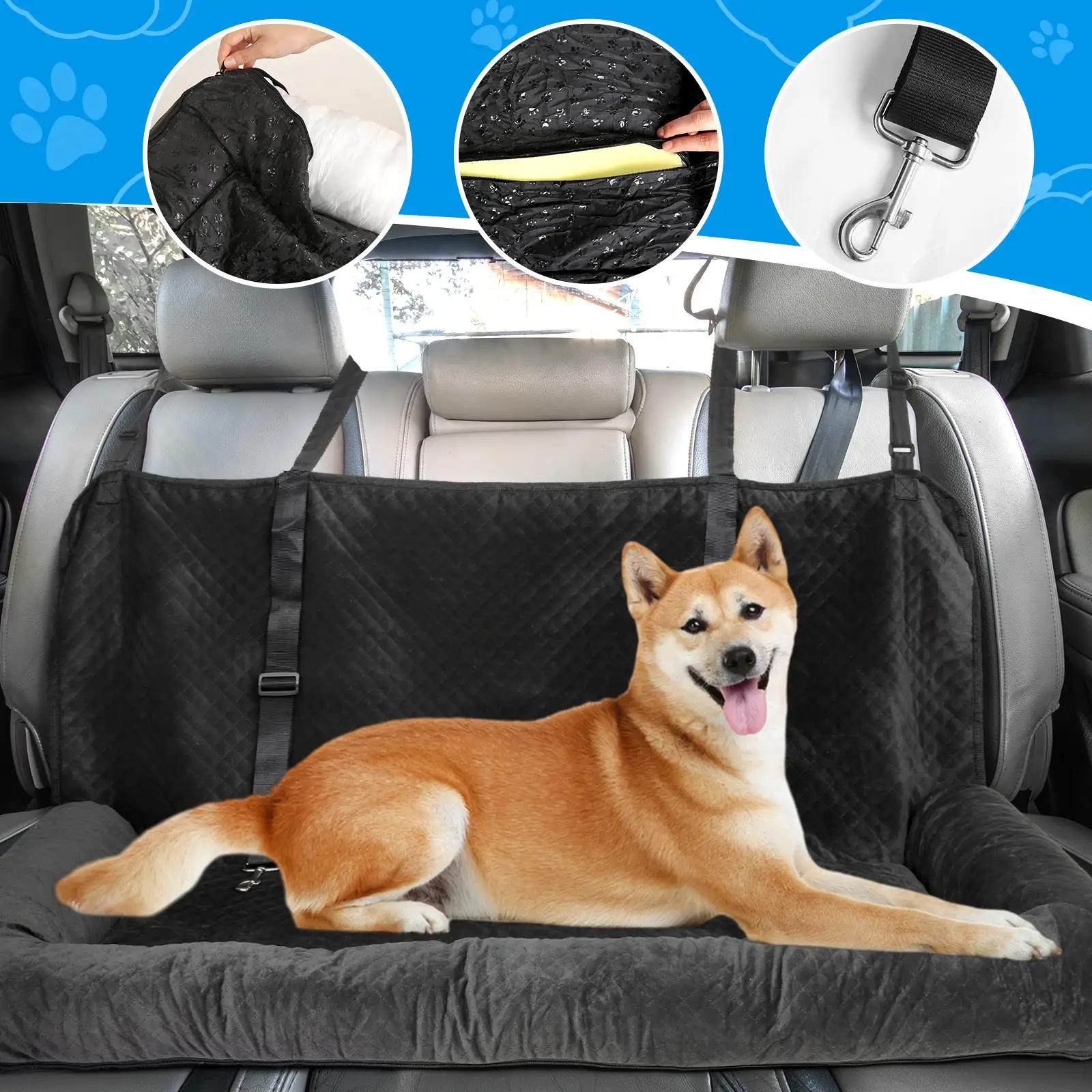 Dog Car Seat Bed Sleeping Bed with Leash Backseat Protector Booster Seat
